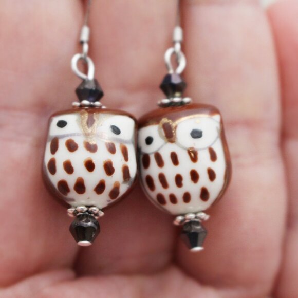 Brown Hand-painted Porcelain Owl Beaded Earrings - Hypoallergenic - Picture 7 of 8